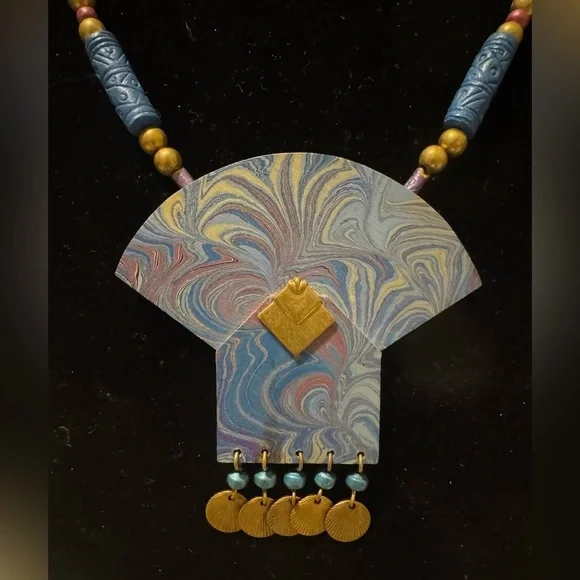 Long Necklace Handcrafted Wood Or Paper w/ Beaded Chain. Blue Boho Approx 26” - Picture 2 of 5